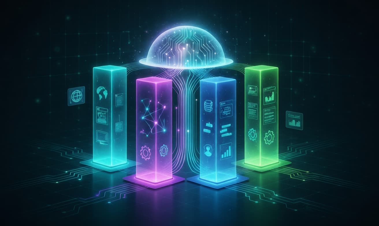 Ilustração do stack digital: web, CRM, automações e ferramentas internas a funcionar como uma camada única para o negócio.